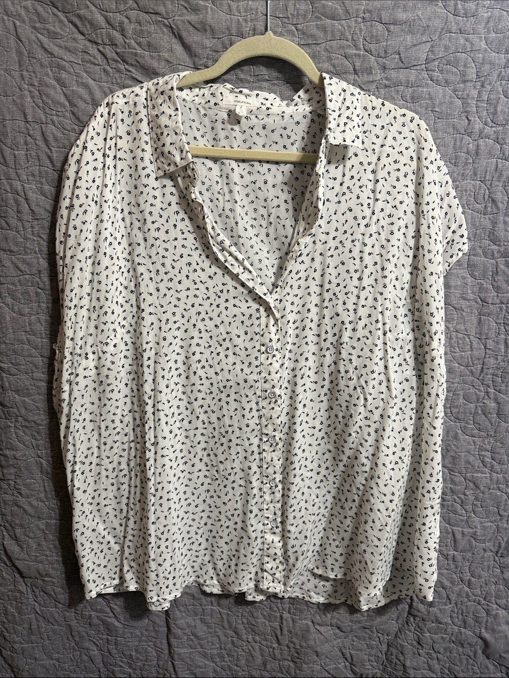 Maurices Cream Button-Down Short Sleeve Blouse with Black Micro Print